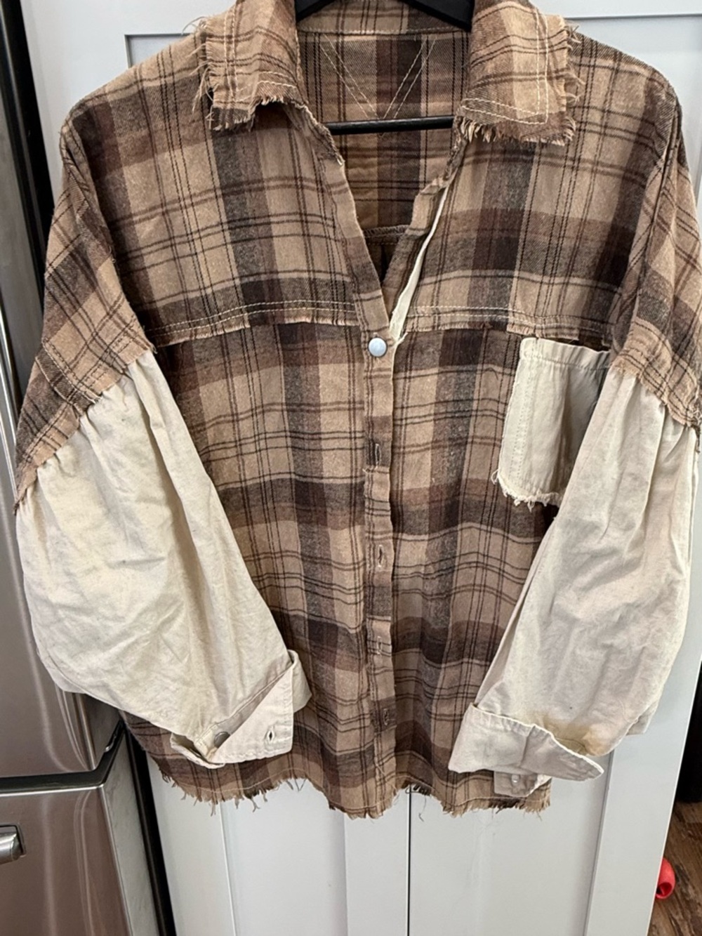 Brown Plaid Button-Up Shirt with Cream Contrast Sleeves